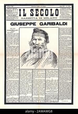 1882 , ITALY : The italian politician and hero GIUSEPPE GARIBALDI ( Nizza 1807 - Caprera 1882 ) , the news of his death on italian newspaper cover fir Stock Photo