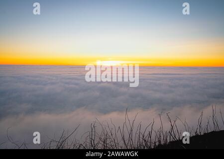 Marine layer above the Pacific Ocean at sunset. Aerial view, California Coastline Stock Photo
