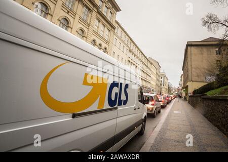 BRNO, CZECHIA - NOVEMBER 4, 2019: GLS logo on a delivery truck in Brno center. GLS, or General Logistics Systems, is a Dutch company providing courier Stock Photo