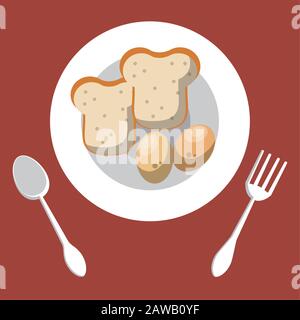 dish and cutleries with bread and eggs Stock Vector