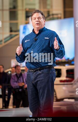 Chicago, Illinois, United States - February 6, 2020: Eddie Laukes, vice president of Toyota Merketing Division giving a speech during the unveil of ne Stock Photo