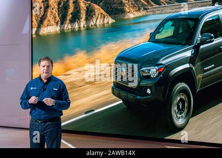 Chicago, Illinois, United States - February 6, 2020: Eddie Laukes, vice president of Toyota Merketing Division giving a speech during the unveil of ne Stock Photo