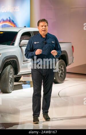 Chicago, Illinois, United States - February 6, 2020: Eddie Laukes, vice president of Toyota Merketing Division giving a speech during the unveil of ne Stock Photo