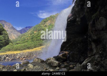 scenic landscape with beautiful jang falls or nuranang falls,one of the best tourist destination of tawang in arunachal pradesh, india Stock Photo