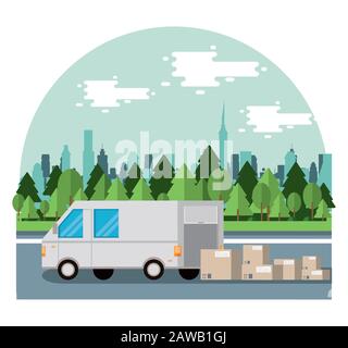 van delivery service on the road scene Stock Vector