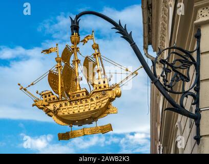 Store sign at Inner Town section of Gyor, Western Transdanubia, Hungary Stock Photo