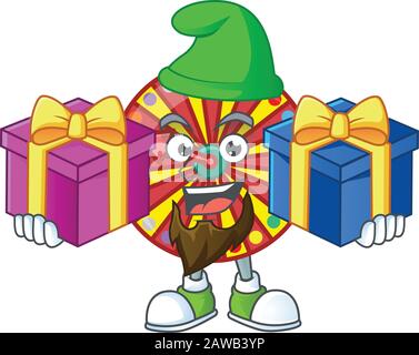 A charming wheel fortune cartoon mascot style with two boxes of gifts Stock Vector