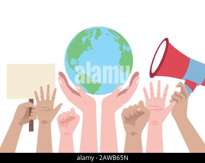 hands human up protesting with world planet and megaphone Stock Vector
