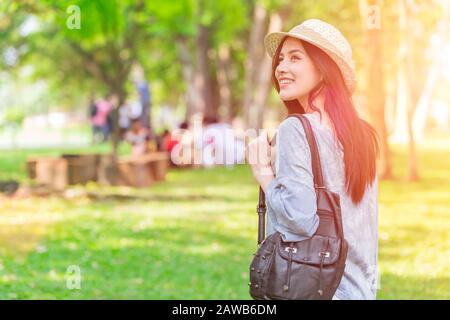 single Asian girl teen going travel outdoor happy moment to have activity in holiday Stock Photo