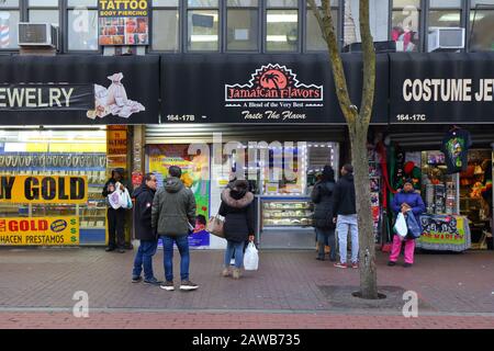 Jamaican Flavors, 164-17 Jamaica Ave, Queens, New York. NYC storefront photo of a patty shop in the Jamaica Colosseum Mall. Stock Photo