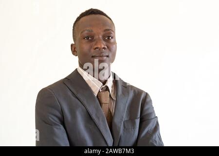 Candid picture of good looking guy concentrating business worker in suit and tie Stock Photo