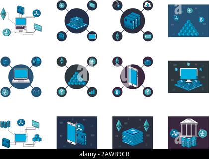 bundle of crypto currency set icons Stock Vector