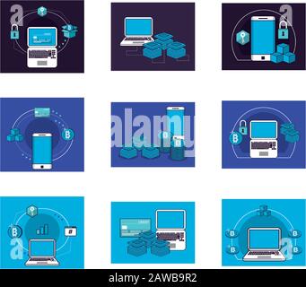 bundle of crypto currency set icons Stock Vector