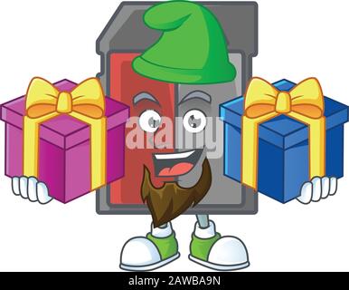 A charming memory card cartoon mascot style with two boxes of gifts Stock Vector