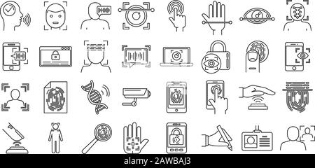 Modern biometric authentication icons set. Outline set of modern biometric authentication vector icons for web design isolated on white background Stock Vector