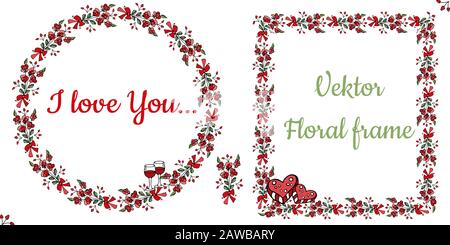 Vector floral frames set: red flowers, hearts, green leaves on a white background. Rectangular and round floral vector frame for creating cards, invit Stock Vector
