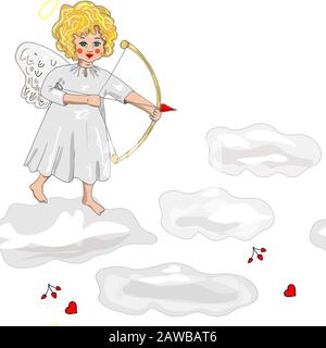Cupid in the clouds. Vector seamless pattern with cupid and heart. Stock Vector