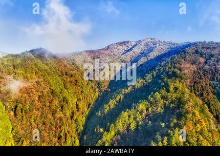 High in mountains around Kyto city of Japan with pine tree woods and snow during winter season. Stock Photo