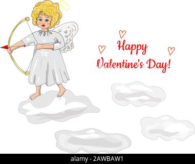 Cupid with arrows post card Happy Valentine's Day. Cupid in the clouds vector doodles Stock Vector