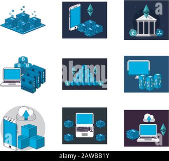 bundle of crypto currency set icons Stock Vector