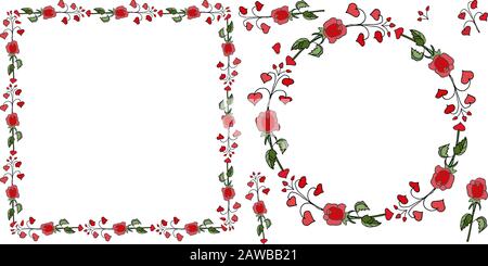 Vector set of seamless festive backgrounds with doodles hearts, glasses and balls, round vector frame with hearts, funny cat in love with a heart on a Stock Vector