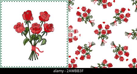 Bouquet of red roses vector set: elements for design and seamless pattern bouquet of red roses Stock Vector