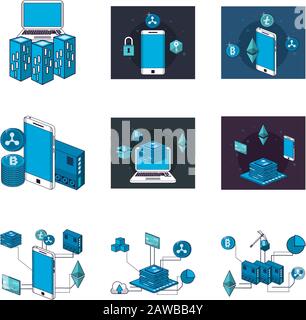 bundle of crypto currency set icons Stock Vector