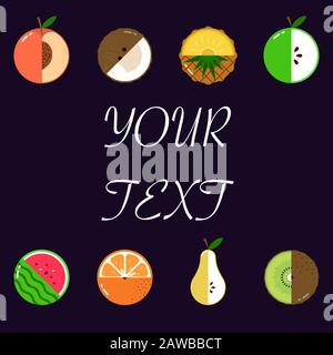 Fruits diversely oriented seamless vector pattern on dark background with space for text Stock Vector