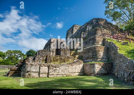 Temple of the Masonry Altars aka Temple of Sun God at Altun Ha, Maya ruins, Old Northern Highway, Belize District, Belize Stock Photo