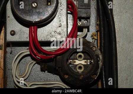 Old power socket in a electric power supply box. industrial background Stock Photo