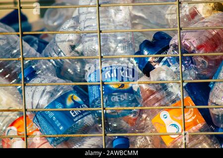 Tel Aviv Israel February 06, 2020 Closeup of a plastic garbage container in the streets of Tel Aviv in the afternoon Stock Photo