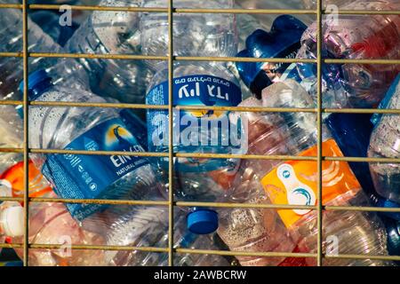 Tel Aviv Israel February 06, 2020 Closeup of a plastic garbage container in the streets of Tel Aviv in the afternoon Stock Photo