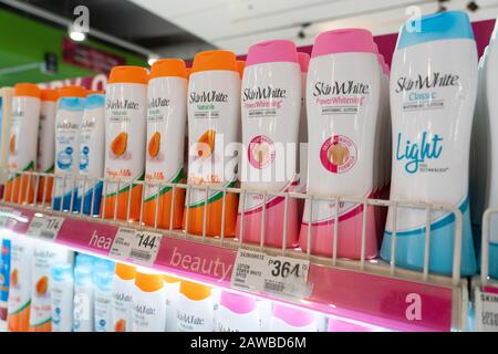 Skin whitening products within a Philippine supermarket.Commonly