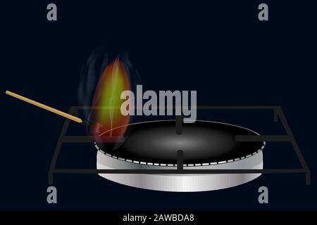 Kitchen gas stove. Kitchen gas burner on black background. Burning match. Natural gas, domestic gas service. Energy conservation concept. Stock vector Stock Vector