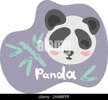 A little panda eats a bamboo and smiles. Kid panda in flat style. Text panda in violet speech bubble. Illustration for cards, animal abc, kids room Stock Vector