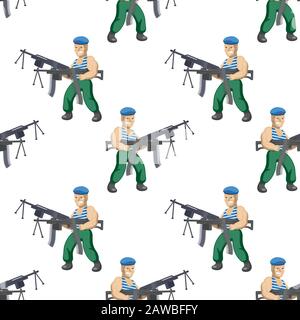 seamless pattern of a Russian paratrooper with two machine guns on a white background. Vector image Stock Vector