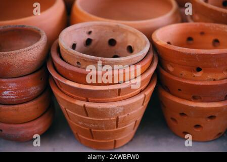 The clay pots in gardening retail shop Stock Photo