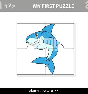 Cartoon Vector Illustration of Education Jigsaw Puzzle Game for Preschool Children with Funny Shark Fish Animal Character - My first puzzle Stock Vector