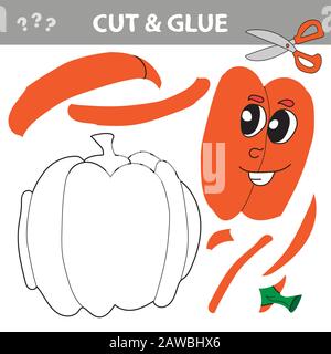 Orange pumpkin with green leaves. Education paper game for preshool children. Vector illustration.Cut and glue Stock Vector