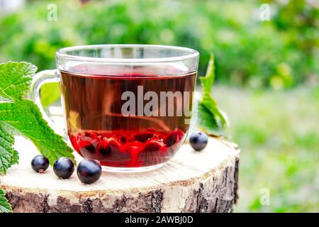 Glass cup of fruit tea with black currant berries on a wooden table in the open air. Close-up. Stock Photo