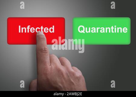 Red and green buttons with infected and quarantine and pointing finger, on a gray gradient background, on infected Stock Photo