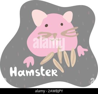 A little pink hamster eats grain and stuffs his cheeks with a food. Kid hamster in flat style. Text hamster in an brown speech bubble. Isolated images Stock Vector