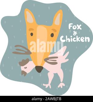 Sly fox caught prey chicken and holds in his teeth. Kid fox in flat style. Text fox and chicken. Mild dark green colored speech bubble. Isolated image Stock Vector