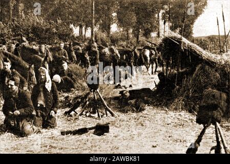 WWI  Siege of Antwerp -  Belgian soldiers and their horses bivouacked in a wood on retreating from Antwerp Stock Photo