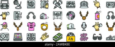 Hiphop icons set. Outline set of hiphop vector icons for web design isolated on white background Stock Vector