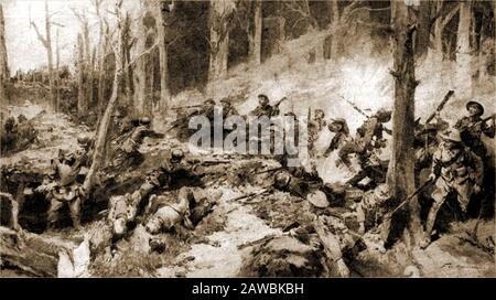 Early WWI  artist's impression of   hand to hand fighting at the 'Battle of Bourlon Wood' 23rd November 1917 (Actually  the  fight for Bourlon Ridge in the Battle of Cambrai  aka First Battle of Cambrai and Schlacht von Cambrai) Stock Photo