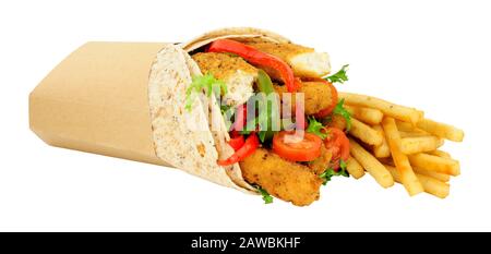 Southern fried chicken fillets and salad in a wholemeal tortilla wrap with French fries isolated on a white background Stock Photo