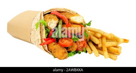 Southern fried chicken fillets and salad in a wholemeal tortilla wrap with French fries isolated on a white background Stock Photo