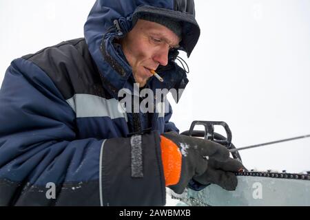A worker in a blue jacket sharpens a chainsaw chain. Stock Photo