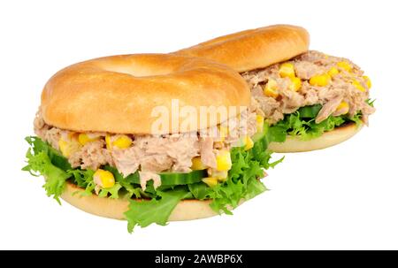 Tuna and sweetcorn filled bagels isolated on a white background Stock Photo
